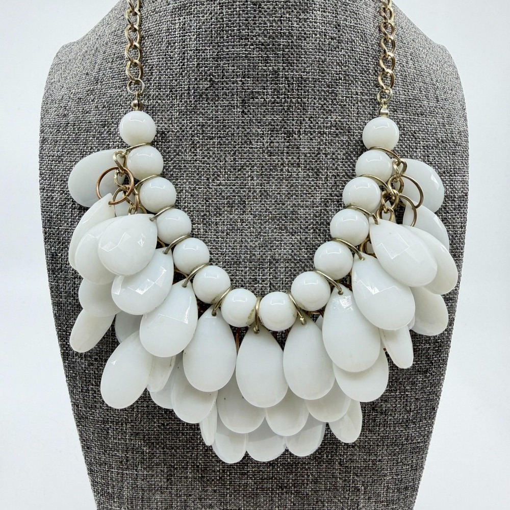 White Beaded Teardrop Fringe Bib Necklace Gold Tone Boho Statement Jewelry Gift